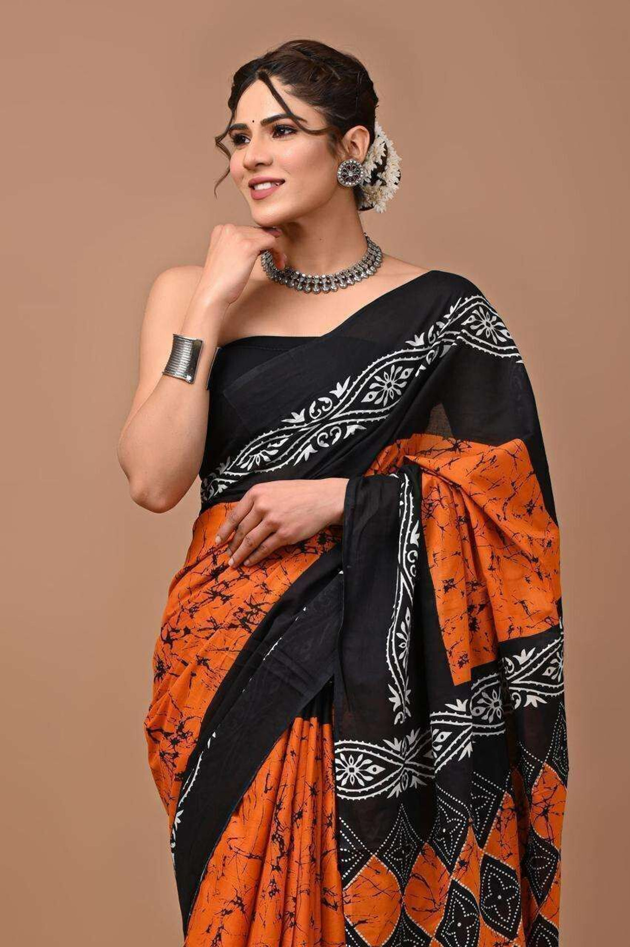 Dosayafabrics Blocked Printed Daily Wear Pure Cotton, Mulmul Saree (Orange) - Image 2