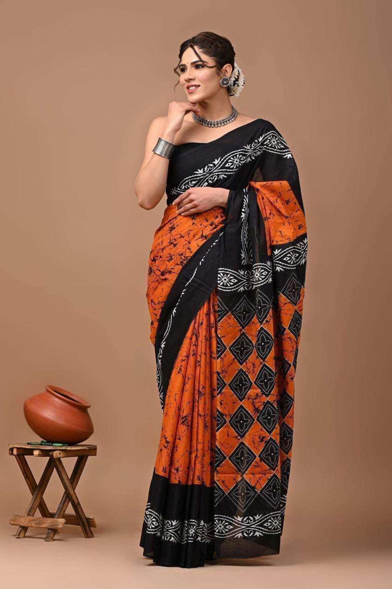 Dosayafabrics Blocked Printed Daily Wear Pure Cotton, Mulmul Saree (Orange)