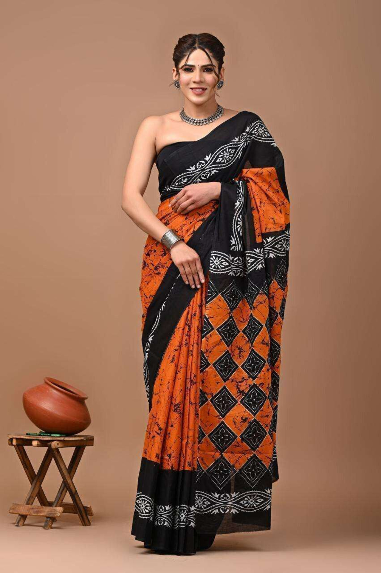 Dosayafabrics Blocked Printed Daily Wear Pure Cotton, Mulmul Saree (Orange) - Image 5
