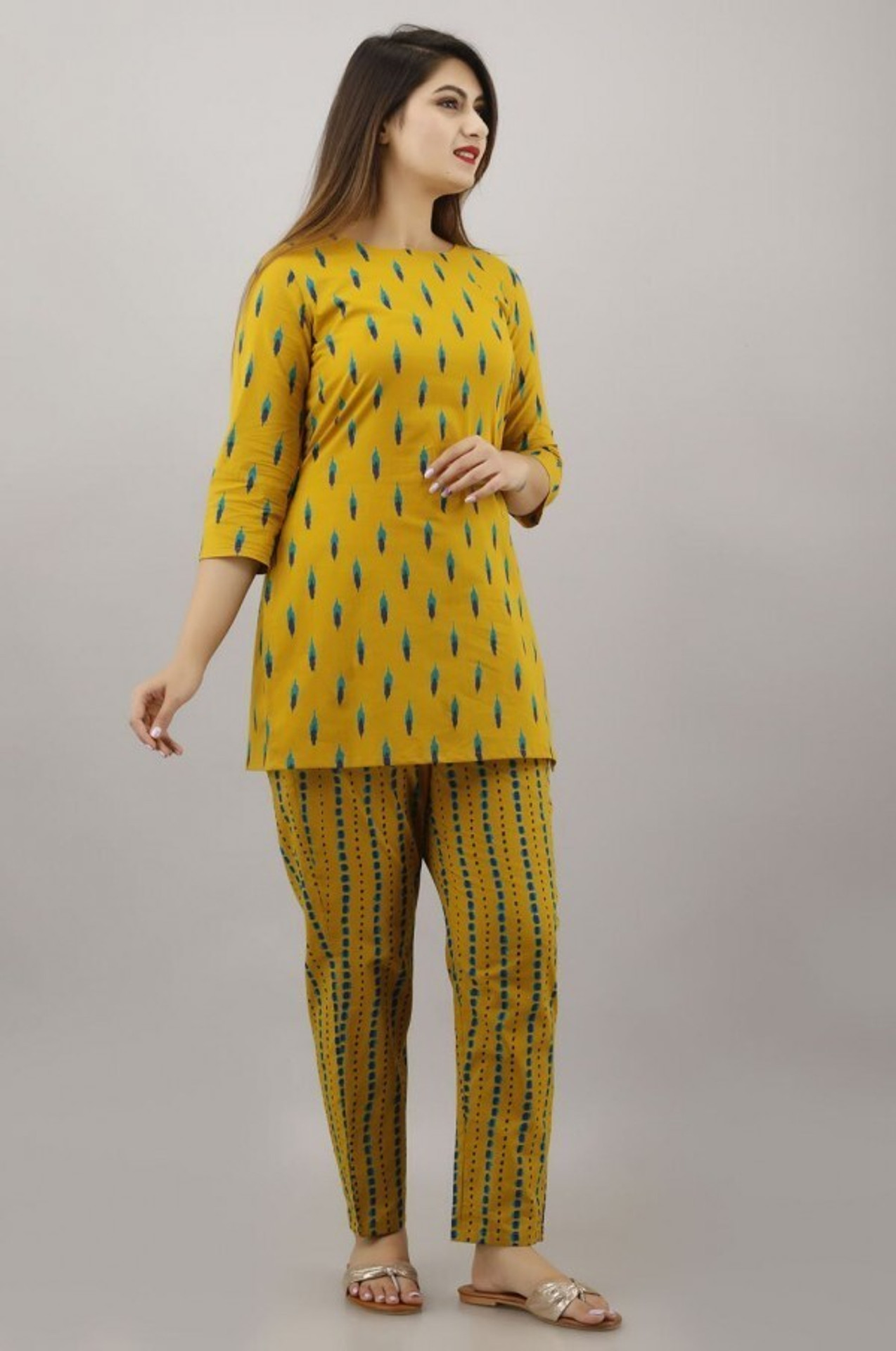 Omsharda Women Top & Pyjama Set Yellow Printed - Image 3