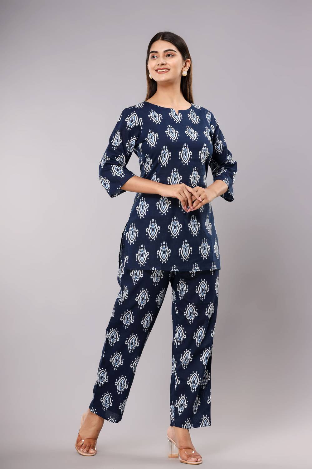 his&her Women Top & Pyjama Set Blue Printed